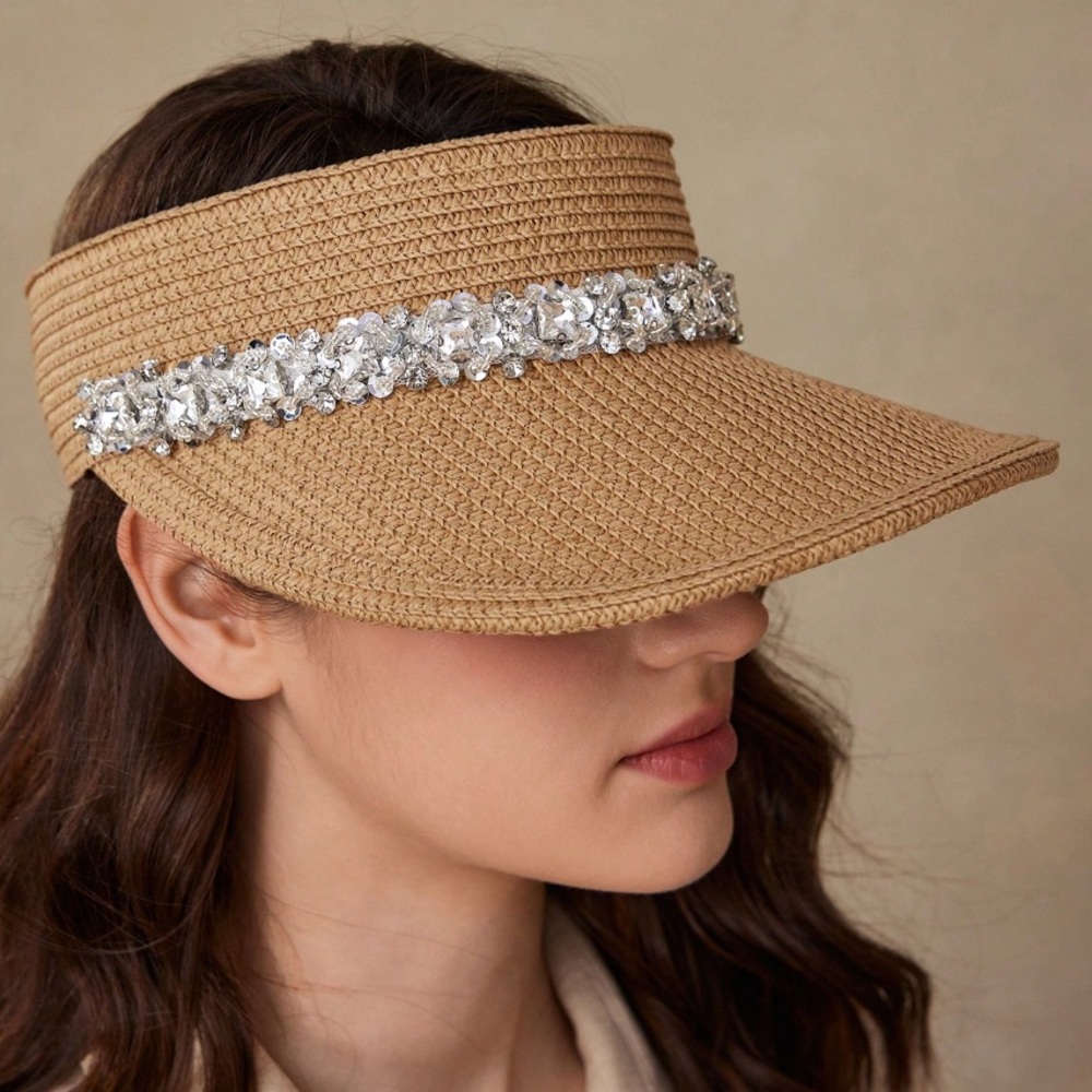 ๐ Straw Rhinestone and Sequin Sun Visor - Picture 5 of 6